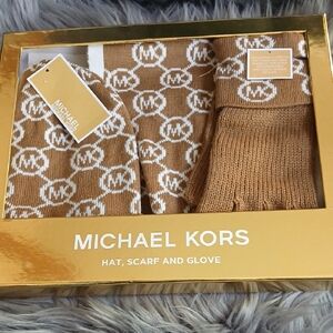 Michael Kors Camel Logo Hat, Scarf, and Glove Set
